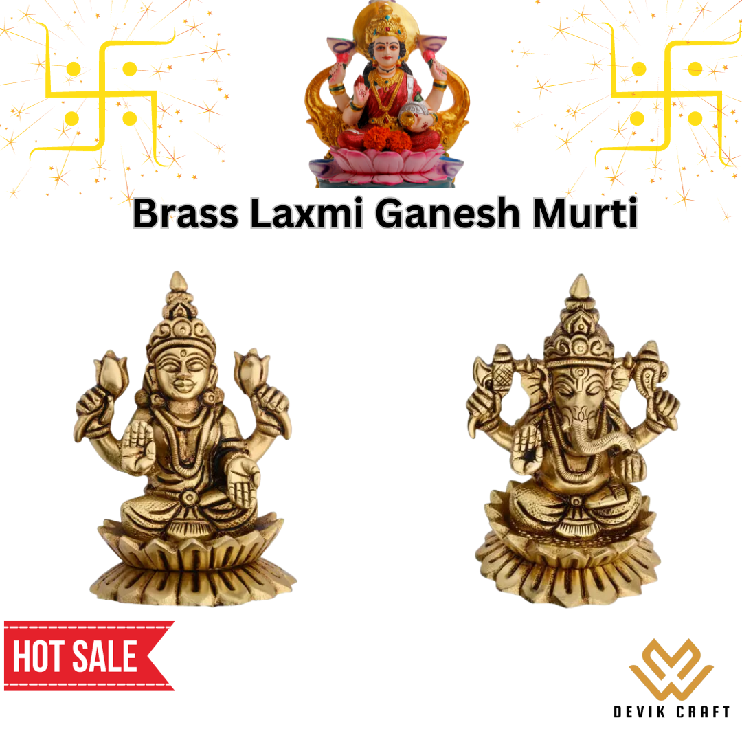 Brass Goddess Lakshmi and Lord Ganesha Idol on Lotus Flower - Small Size (2.12 inches) - Home Temple Decor - Perfect Diwali Gift