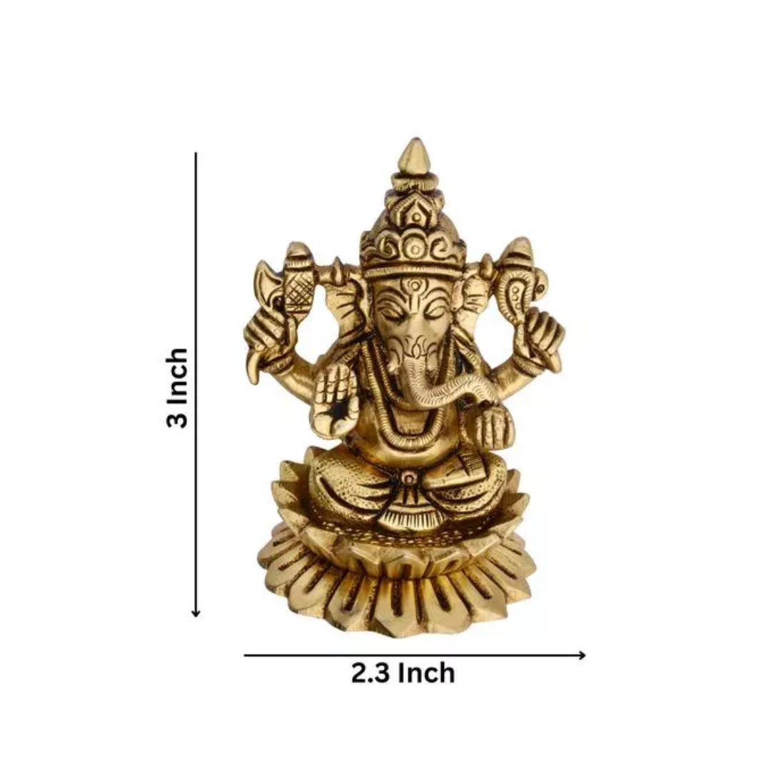 Brass Goddess Lakshmi and Lord Ganesha Idol on Lotus Flower - Small Size (2.12 inches) - Home Temple Decor - Perfect Diwali Gift