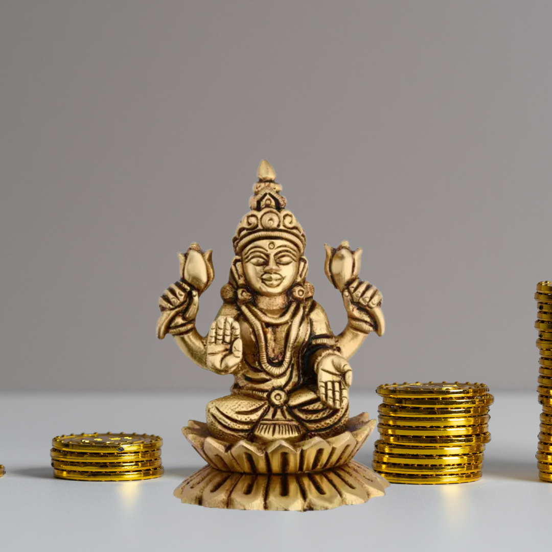 Brass Goddess Lakshmi and Lord Ganesha Idol on Lotus Flower - Small Size (2.12 inches) - Home Temple Decor - Perfect Diwali Gift