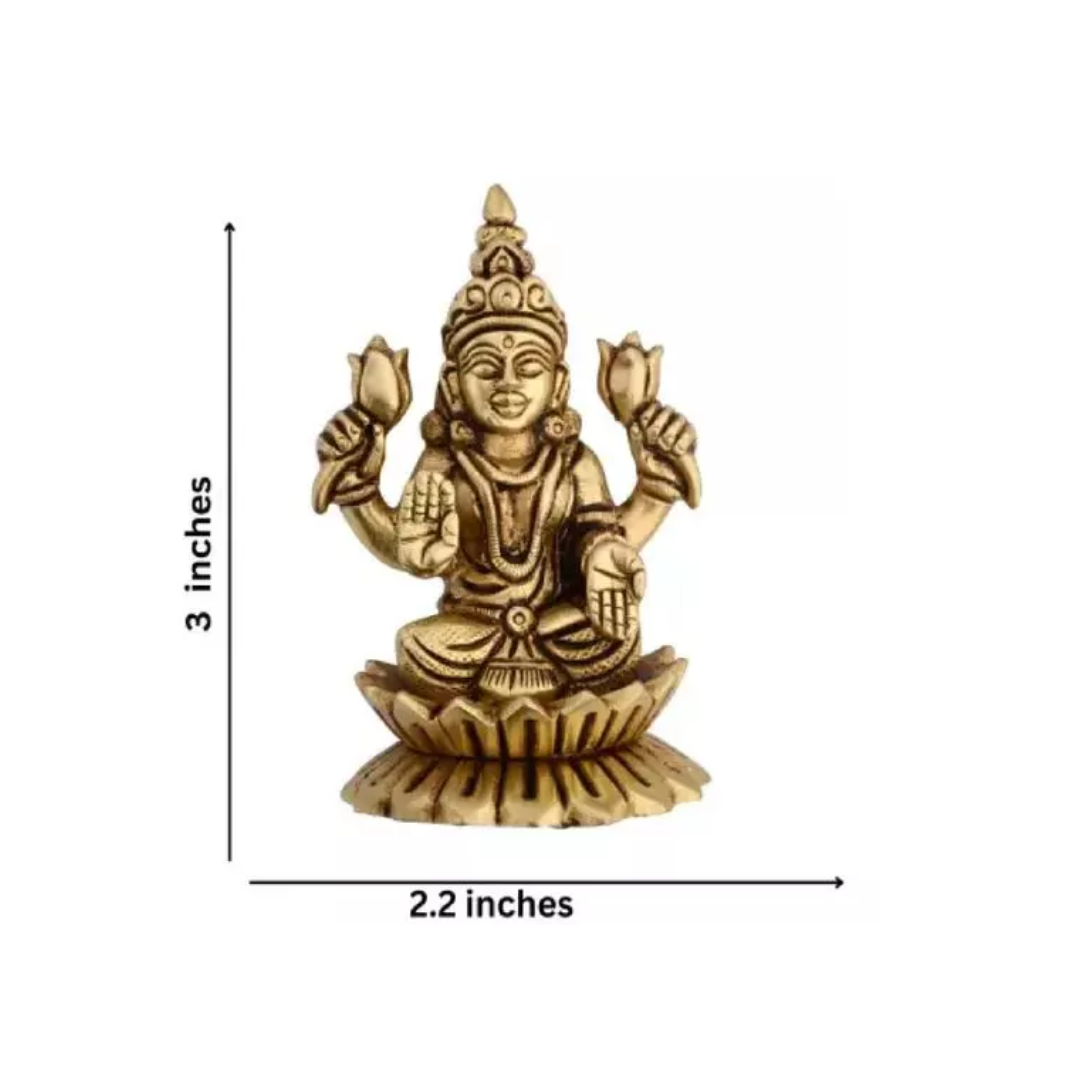 Brass Goddess Lakshmi and Lord Ganesha Idol on Lotus Flower - Small Size (2.12 inches) - Home Temple Decor - Perfect Diwali Gift