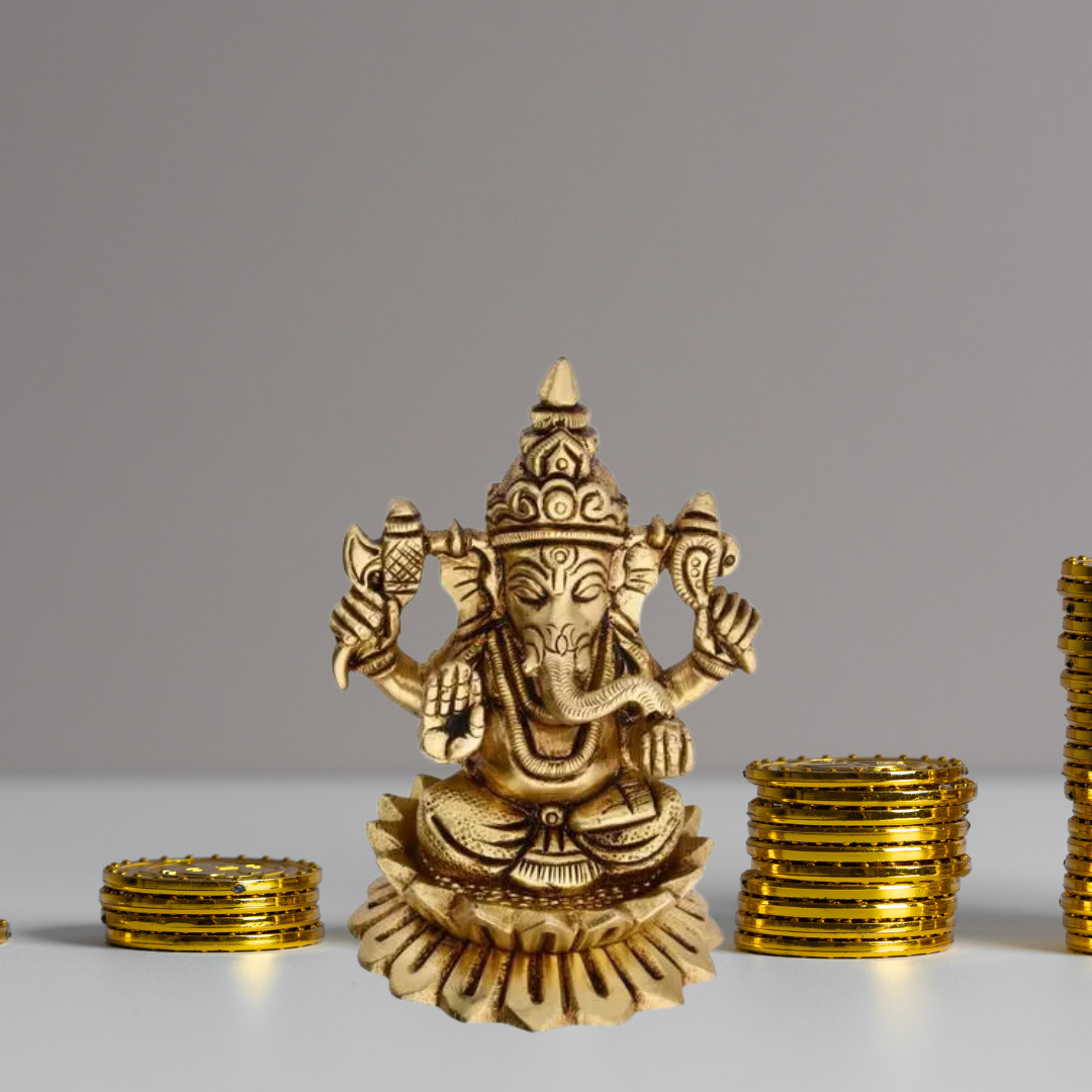 Brass Goddess Lakshmi and Lord Ganesha Idol on Lotus Flower - Small Size (2.12 inches) - Home Temple Decor - Perfect Diwali Gift