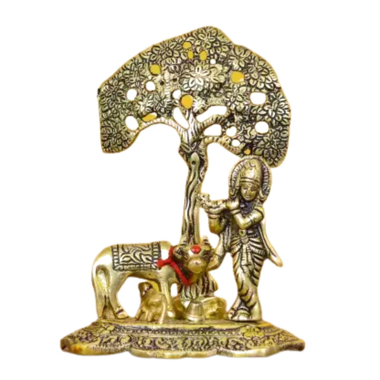 Lord Krishna playing Flute under Tree with Golden Cow and Calf Decorative Showpiece