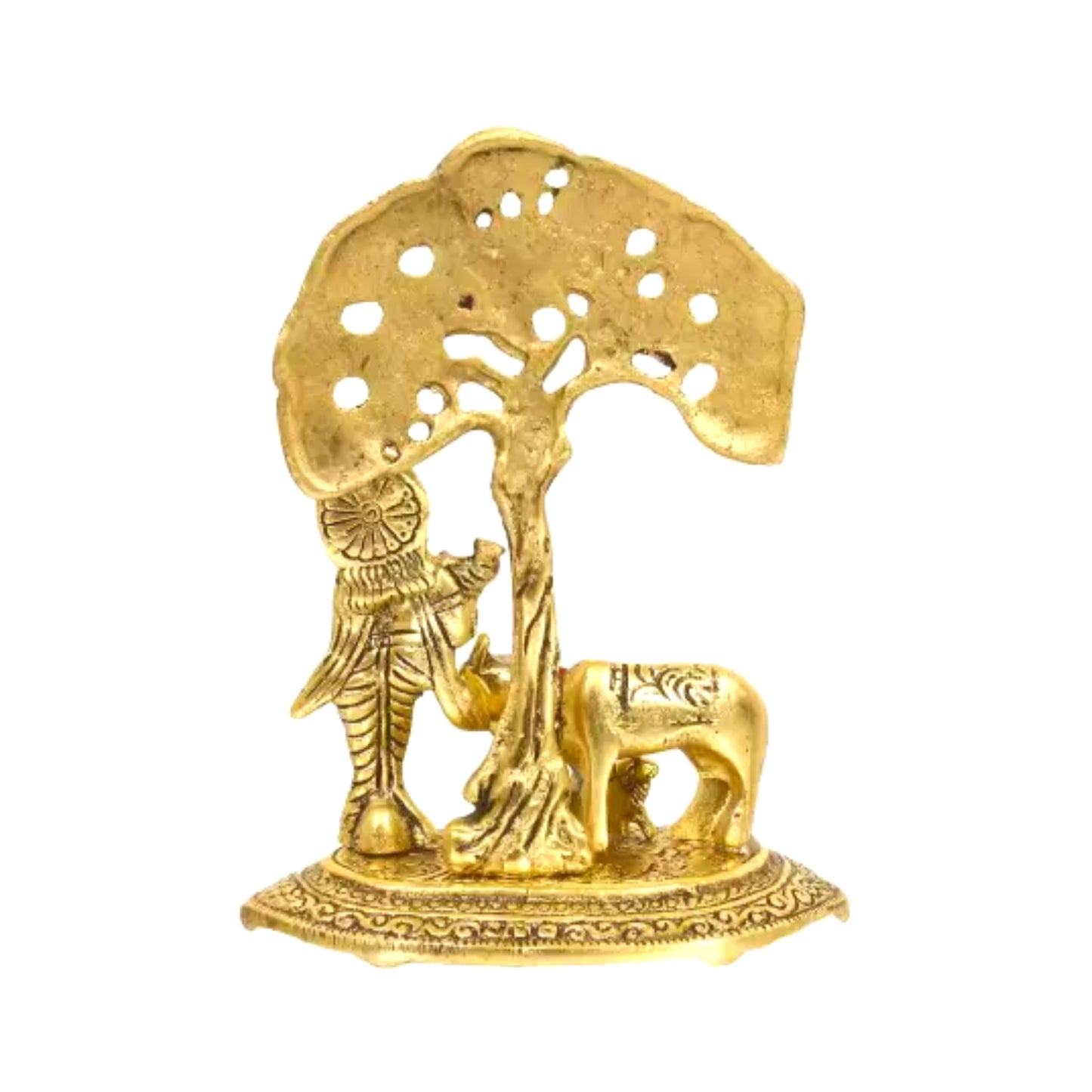 Lord Krishna playing Flute under Tree with Golden Cow and Calf Decorative Showpiece