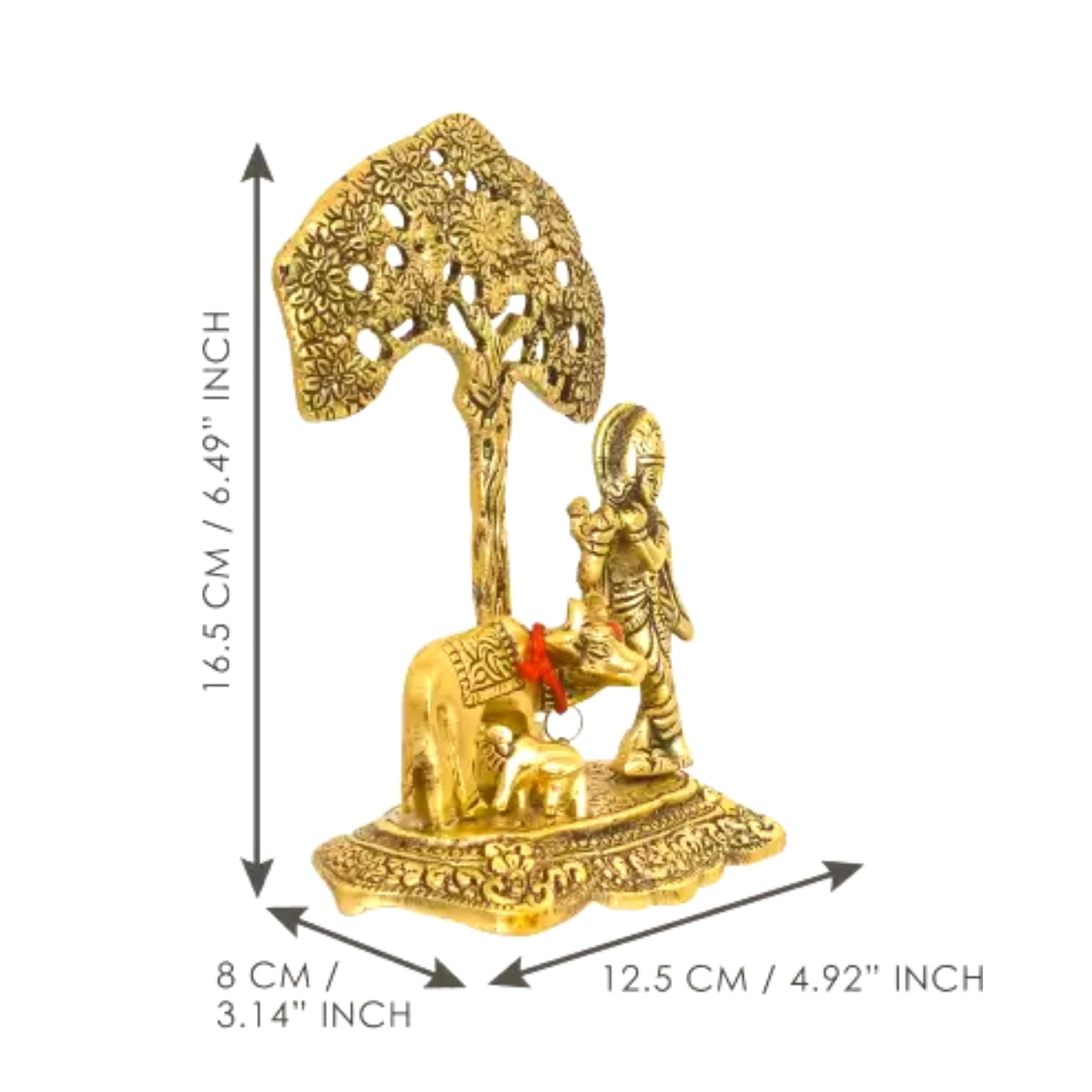 Lord Krishna playing Flute under Tree with Golden Cow and Calf Decorative Showpiece